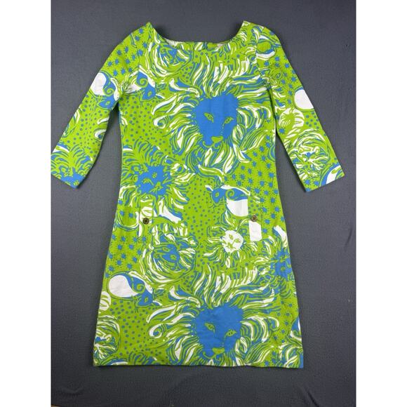 Lilly Pulitzer Dress Small Charlene Shift Limeade Lion Print Green Knit Cotton - Picture 1 of 9